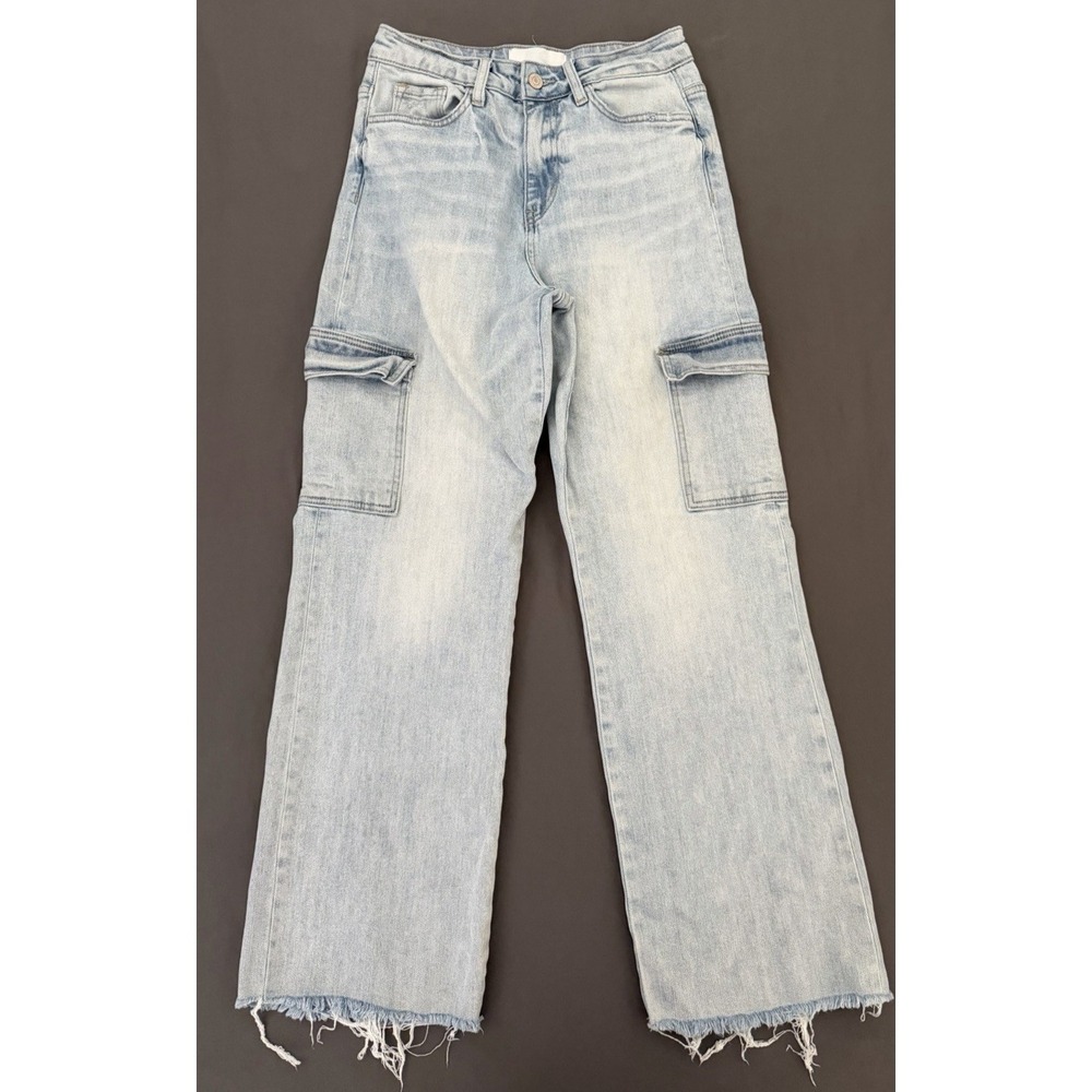 Vervet Blue Cargo Jeans Womens Size 24 Wide Leg High Rise Light Wash Stretch